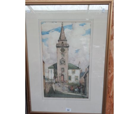 A Watercolour depicting people talking outside  a Town Hall, by James Wright R S W. 