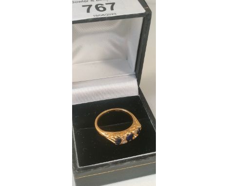 Antique 18ct yellow gold Sapphire and Diamond ladies ring. Three sapphires and six diamonds. [Ring size L] [4.08Grams] [5.22x