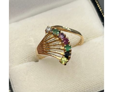 9ct yellow gold and gem stone set ring, Diamond, Emerald, Amethyst, Ruby, Emerald, Sapphire &amp; Tourmaline. [Ring size M] [