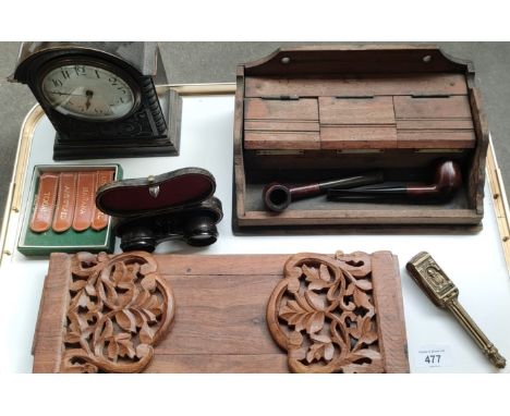 Tray of collectables; Brass Shakespeare nut cracker, wooden desk top stationary box, Two vintage smoking pipes, French Mantel