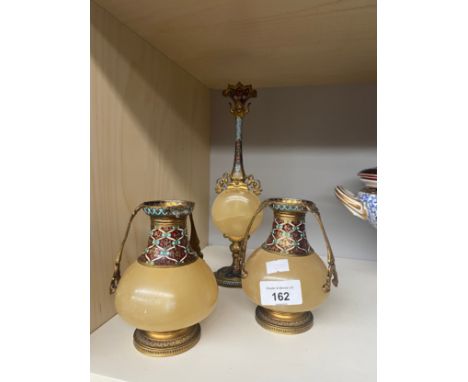 Antique three piece vase set oriental style; onyx, brass and Champleve enamel. 