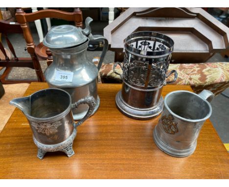 Antique Pewter and silver plate items; English Pewter pitcher with lid, Pewter tankard fitted with Royal Canadian Artillery b