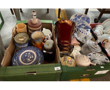 Two boxes of collectables; Carlton Rouge Royale vase, Blue and white plates, Biscuit barrels, Art Deco painted jug and studio