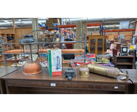 Selection of odds; Vintage storm lamp, Auto Minimax brass fire extinguisher, brass oil can and two other items 