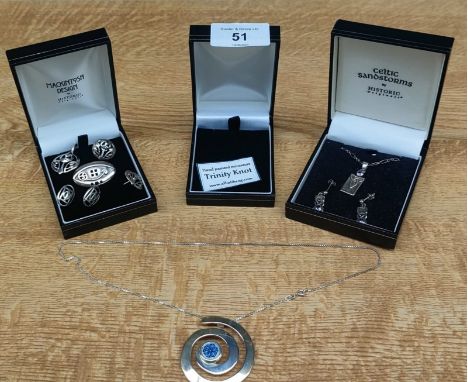 A Selection of silver jewellery; Mackintosh design brooch, pendant, earrings and Celtic Sandstorm pendant and chain with earr