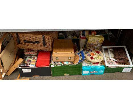 A Large selection of sewing items; sewing baskets, wicker basket, threads, Chatsworth easel/ storage box. 