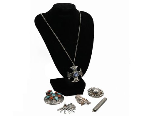 A Caithness millefiori glass pendant on chain; a Mexican brooch; a silver cased pencil; an owl brooch; and two other pendants