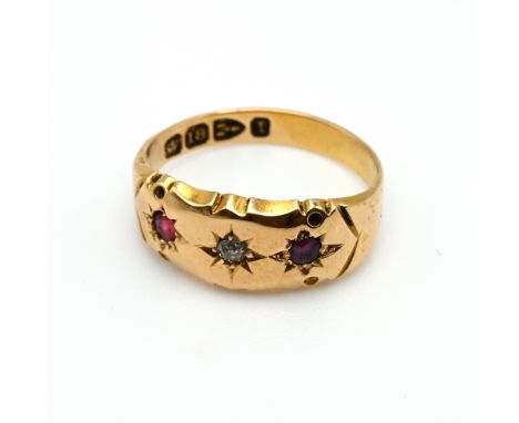 A late Victorian 18 carat gold ruby ands rose cut diamond ring, Chester 1892, finger size E 1/2, 1.7 grams gross.