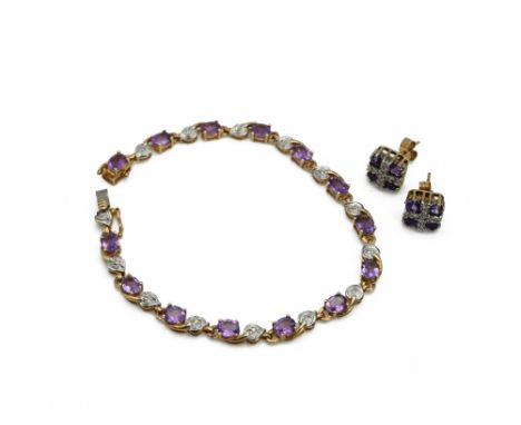 A 9 carat gold amethyst and diamond bracelet, 18 cm long; with a pair of similarly set squarecluster ear studs; 11 grams gros