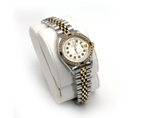 Rolex, Oyster Perpetual Datejust lady&rsquo;s two colour bracelet watch with later diamond and sapphire bezel, mother of pear
