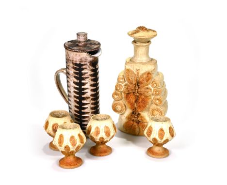 20th Century studio pottery to include: a mead set comprising stoneware decanter with stopper (32cm) and four goblets decorat