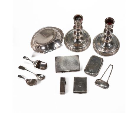 A collection of various silver items to include; A small strawberry dish; two silver cigarette cases; a silver book of matche