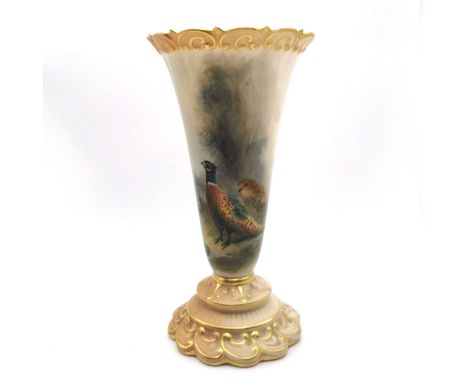 A Royal Worcester blush ivory trumpet vase hand painted with pheasants in a landscape by James Stinton. Of tapering conical f