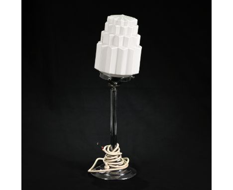 A vintage Art Deco Table Lamp with Chrome column stem and milk glass shade. &nbsp;c1930s-40s. It will require rewiring. H 46c