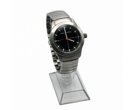 Porsche Design, a gents stainless steel bracelet watch, the black quartered dial with white batons and hands, red sweep secon