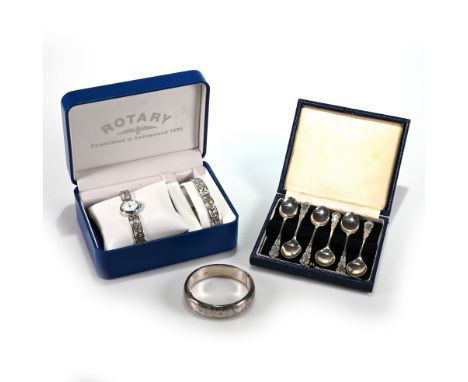 A silver hinged bangle; a silver Rotary lady’s silver bracelet quartz watch with matching bangle, cased; and a cased set of s