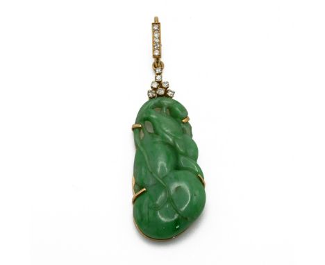 A jade and diamond pendant, the jade carved as a bird and fruit with seven brilliant cuts above,totalling 0.13 carats estimat