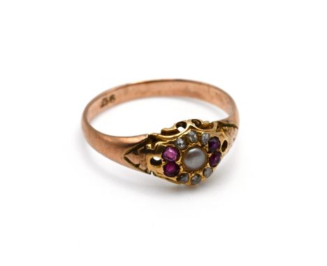 A pearl, ruby and diamond cluster ring, stamped &lsquo;9ct&rsquo;, finger size O1/2, 2.1 grams gross.&nbsp;