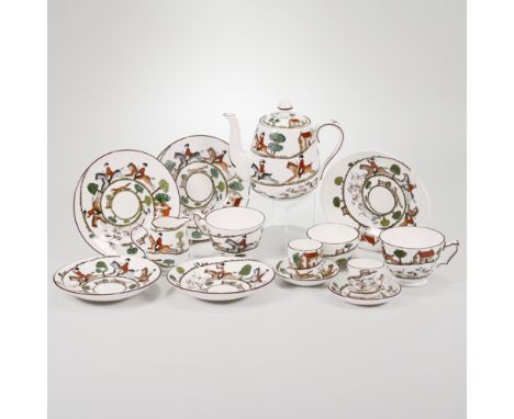 A Staffordshire hunting scene part tea set comprising teapot, milk jug, sugar bowl, oval dish, two cups and saucers, two cake