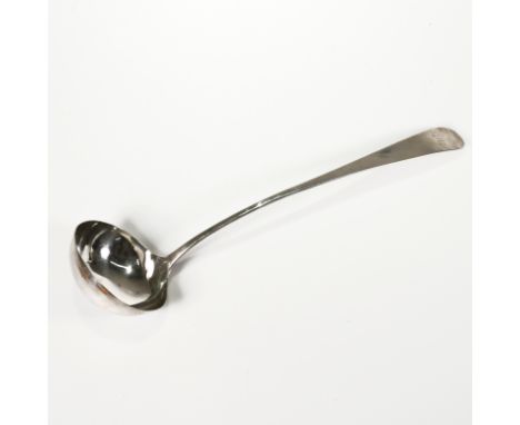 A Georgian Scottish silver soup ladle, possibly Alexander Gardener, Edinburgh 1799, Old English pattern, monogrammed, 36.5cm 