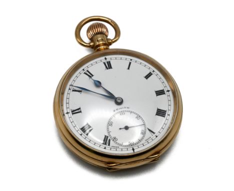 Zenith, a 9 carat gold open faced pocketwatch, the signed white enamel dial with black Romannumerals, blued steel hands, sunk