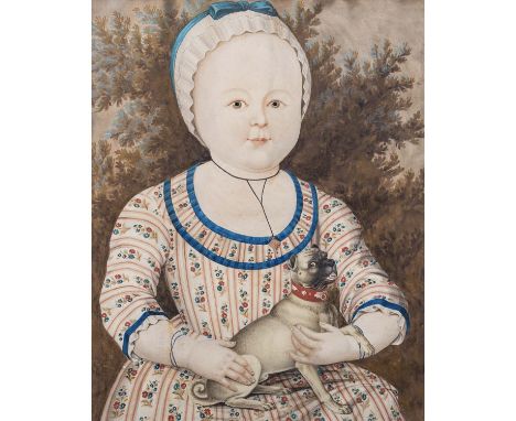 KINDERPORTRÄTIST DES SPÄTEN XVIII JAHRHUNDERTS "Mädchen mit Hündchen" Aquarell über Bleistift auf Papier, Verso: handschriftl
