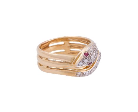 Schlangenring mit Rubinaugen und Brillanten von zus. ca. 0,25 ct, ca. WEISS (H)/SI, GG 18K, 9,4 g, RW: 55, 2. H. 20. Jh., gut