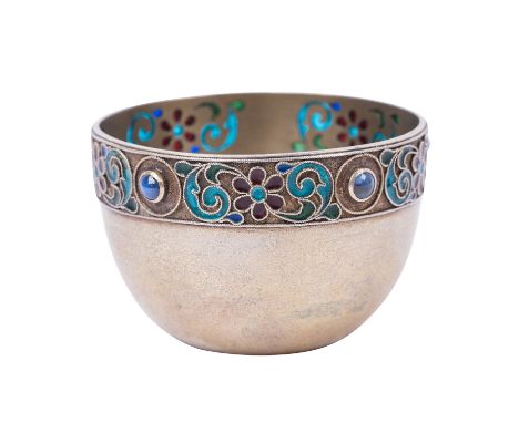 MOSKAU "Plique-à-jour Emaille-Schälchen" um 1900 silber vergoldetes Schächen mit plique á jour und Saphire, auf dem Boden bef
