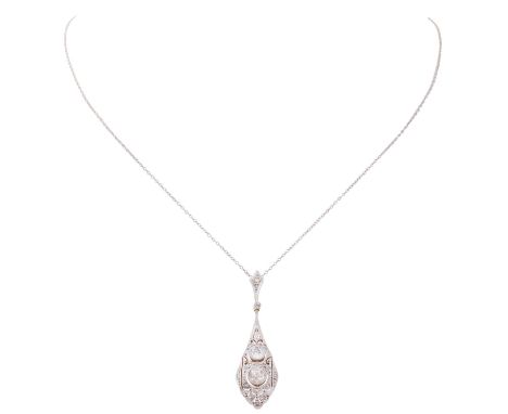 Art Déco Kette und Anhänger mit Diamanten von zus. ca. 0.45 ct, ca. LGW-GW (J-K)/VS-SI, Kette Platin doubliert, Anhänger 14K 