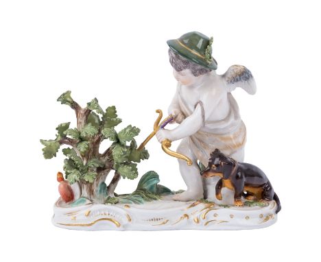 MEISSEN “Amorette auf der Pirsch”, Knaufzeit, 1. Wahl, Entwurf August Ringler, Ausführung vor 1924, Amorette als Jäger mit Da