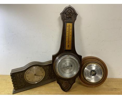 A mixed lot including two wall barometers and a mantle clock marked Centurion Scotland, (14cm x 25cm)