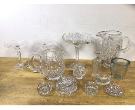 A mixed lot of glass including sweet meat glass dish, (20cm h), two other sweet meat dishes, water jug marked Stewart, a wate