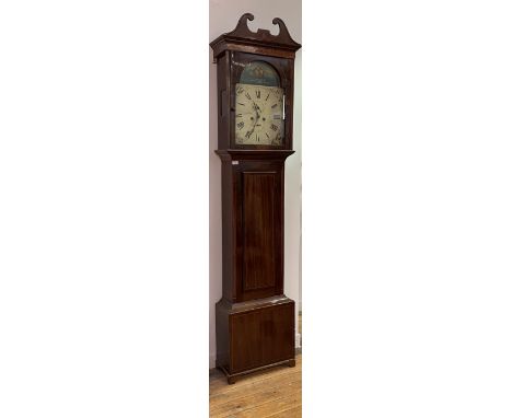 A 19th century inlaid mahogany longcase clock, the swan neck pediment over arched hood, full length trunk door, raised on bra