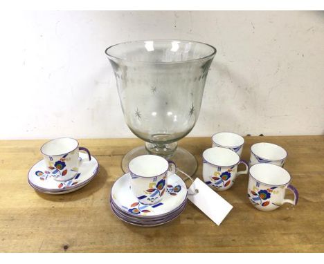 A mixed lot including six Foley demitasse cups and saucers, cups (6cm h), and a footed glass vase, (a lot)