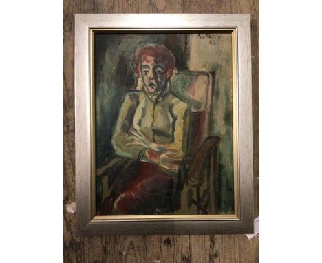 Anthony Green, portrait of seated figure, oil, signed top right and dated '56, label verso, exhibited Cambridge 1957, (45cm x