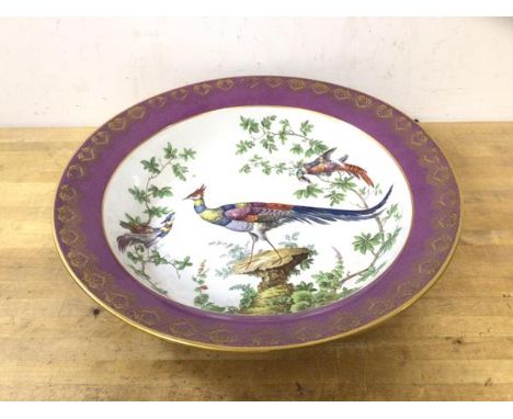 An early 20thc Spode Copeland china large bowl with exotic bird on branches decoration, gilt decoration to rim and edge, stam