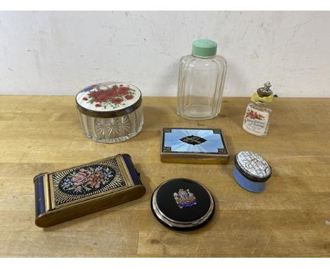 A mixed lot including a lidded jar with silver collar, Birmingham, and a Guilloche floral painted top, (4.5cm x 8cm), an enam