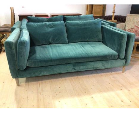 A Sofa Workshop three seater sofa in teal upholstery the square frame with two back, two side and single seat cushion on turn