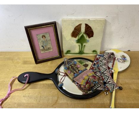 A mixed lot including an aesthetic movement tile with handwritten inscription verso T&amp;R Boote, (15cm x 15cm), a bead work