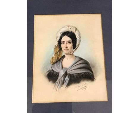 Beloya Colling, half length portrait of lady with bonnet and shawl, pastel, signed and dated 1839 bottom right, (35cm x 27cm)