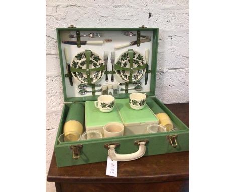 A vintage picnic basket complete with plates, cups, cutlery etc (15cm x 49cm x 35cm)
