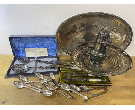 A collection of Epns including sugar castor (19cm high), a pierced footed bowl with swing handle, tray, spoons, mother of pea