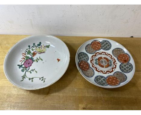 A Chinese plate with Muirhead Moffat &amp; Co Glasgow label to base, (20cm d) and a Japanese dish with blue seal mark to base