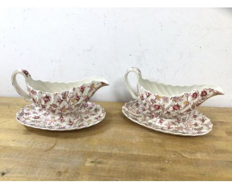 A pair of Copeland Spode rosebud chintz sauce boats, (15cm h)