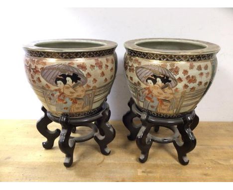 A pair of Chinese Satsuma style jardiniere's each with red seal marks and stamped Made in China to base (16cm x 22cm) on wood