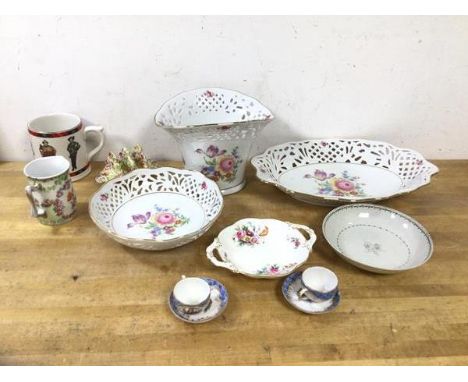 A mixed lot of china including Dresden miniature teacups and saucers, German vases, pierced vase, two bowls, a Royal Winton t