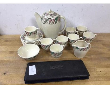 A 1930's Susie Cooper china kestral shaped coffee service in Endon pattern,  including coffee pot, (19cm h), eight demitasse 