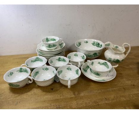 A 19thc English china teaset with green transfer print decoration of churches and ruins, including eight teacups (5cm x 10cm)
