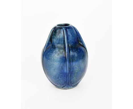 A Martin Brothers stoneware gourd vase by Edwin and Walter Martin, shouldered, ribbed form covered in a blue glaze,  incised 