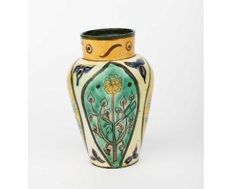 A Della Robbia Pottery vase, shouldered form, incised and painted with panels of stylised flower stems, in blue, turquoise, g